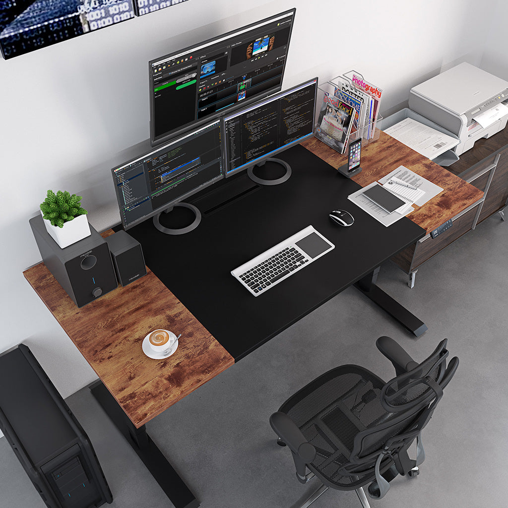 Escritorio elevable eléctrico Maidesite SC2 Pro 160x80cm negro-roble marrón para editores de vídeo y personal técnico con 2 monitores