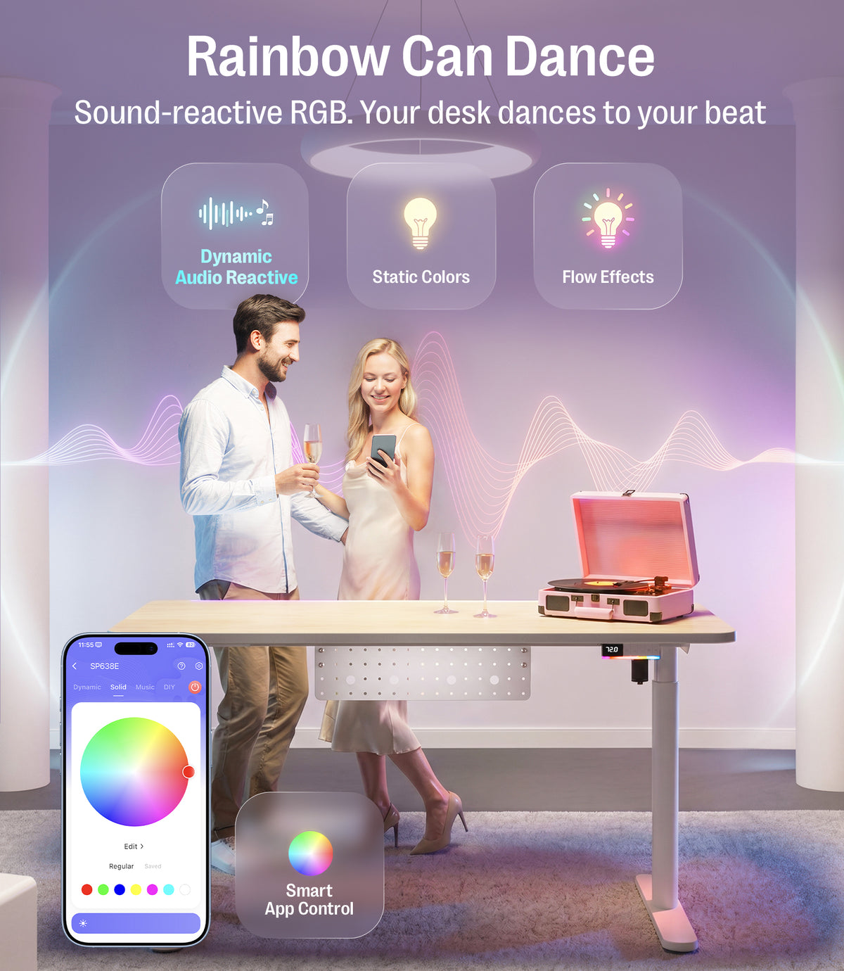 Escritorio Maidesite Rainbow de altura ajustable con tira de LED