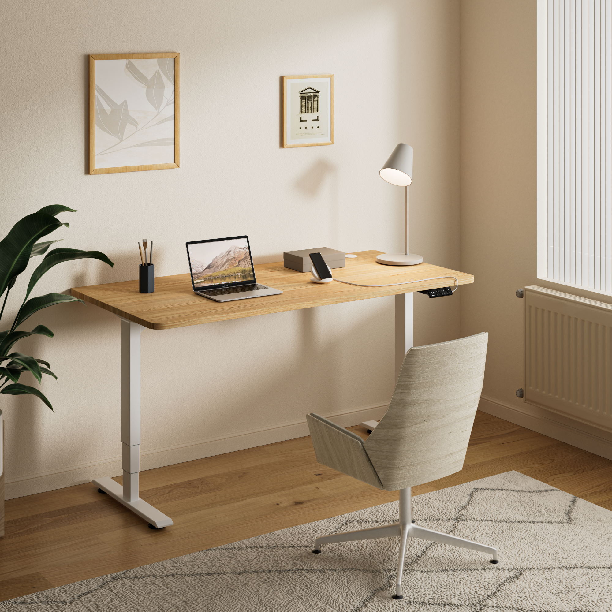 Maidesite escritorio eléctrico regulable en altura para la oficina en casa la gente trabaja con él en la sala de estar