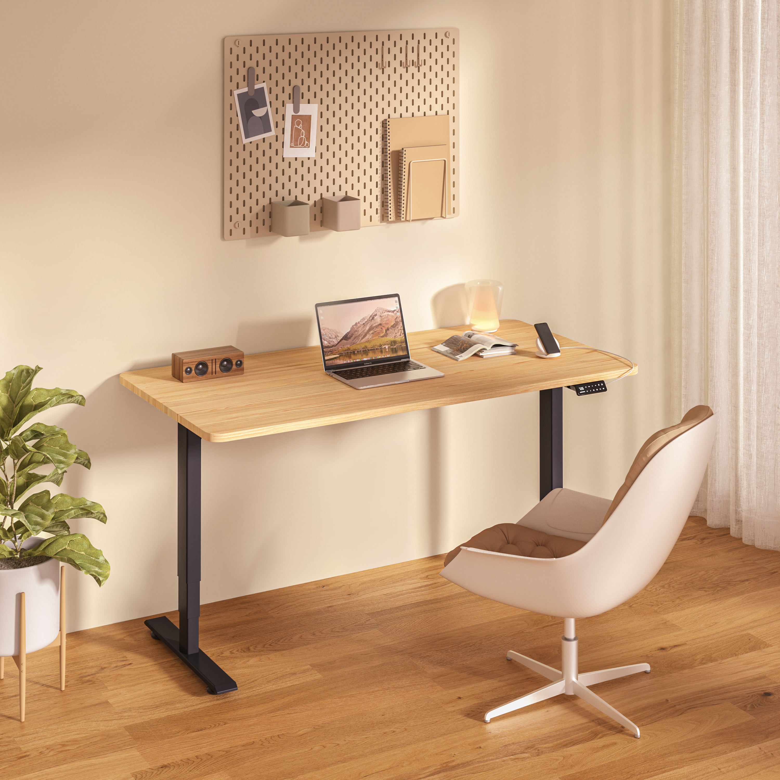 Maidesite escritorio eléctrico de altura ajustable vienen con marco negro y escritorio de roble de 140 cm es ideal para uso en el hogar y la oficina