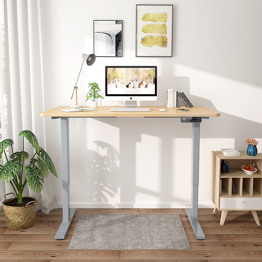 Maidesite escritorio regulable en altura marco gris y tapa de madera de roble puede poner varios monitores de uso